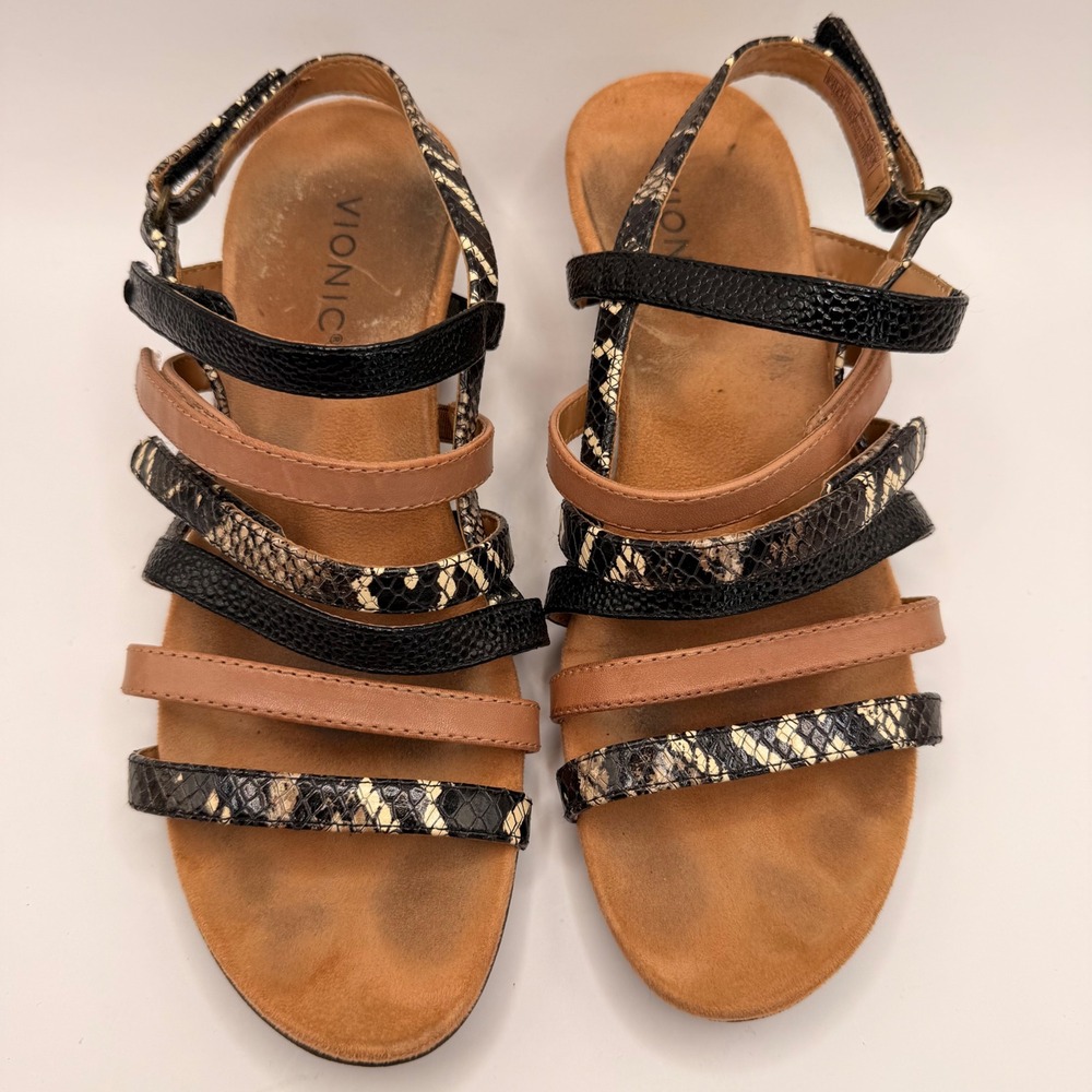 Vionic Tess Womens 8.5 Black Tan Snakeskin Multi Strap Cork Wedge Sandals‎ - Picture 4 of 6